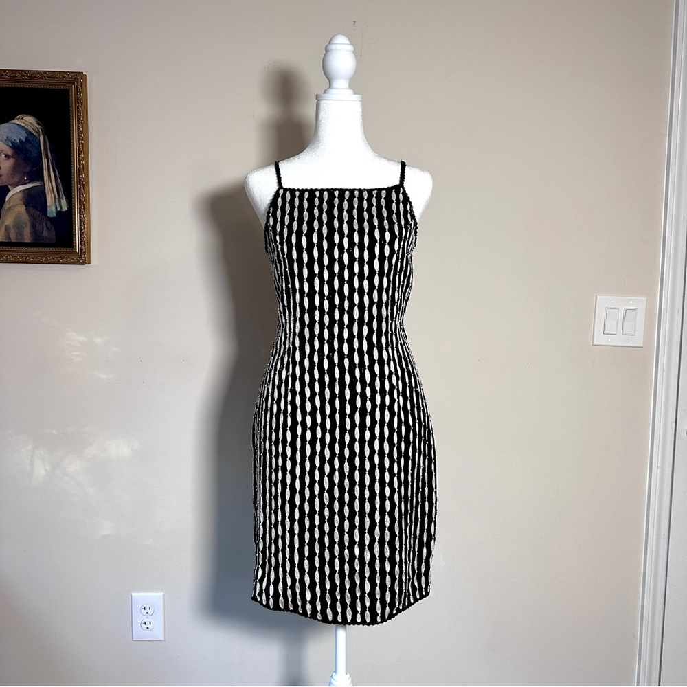 Vintage Black and White Embroidered Cocktail Dress with Pearl Details